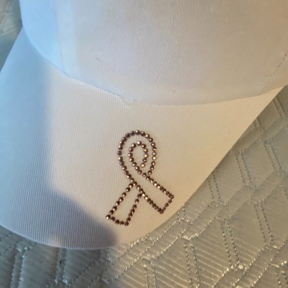 White Baseball Cap with Pink Crystal Breast Cancer Awareness Ribbon NWOT - Picture 2 of 9